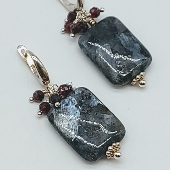 Sterling Silver Larvikite and Garnet Cluster Earrings - Picture 9 of 9